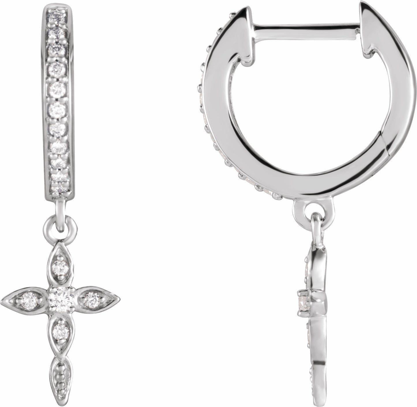 14K White 1/8 Diamond Cross Hoop Earrings