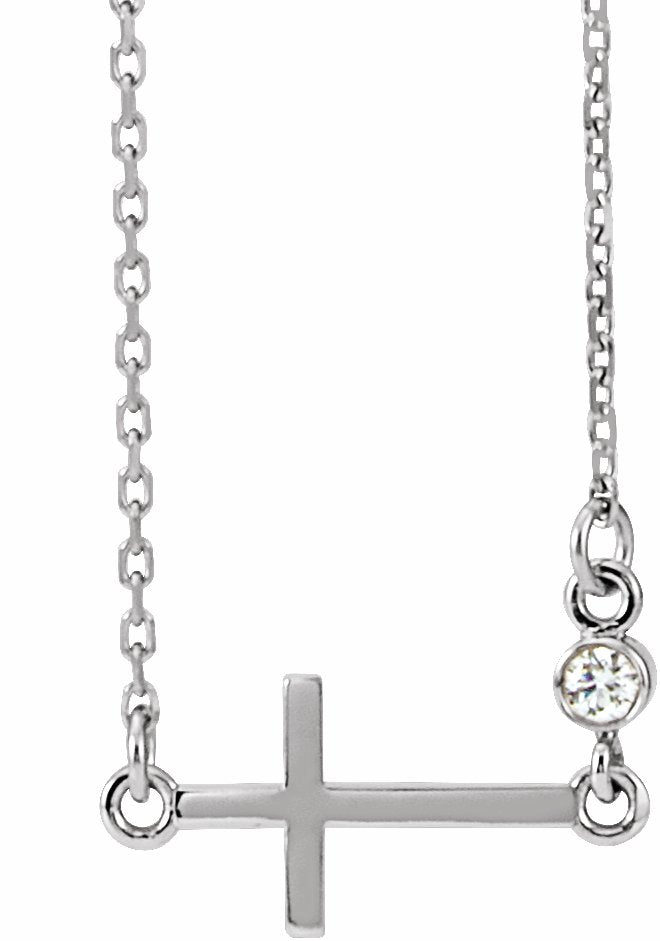 14K White .03 CTW Diamond Sideways Cross 16-18 Necklace