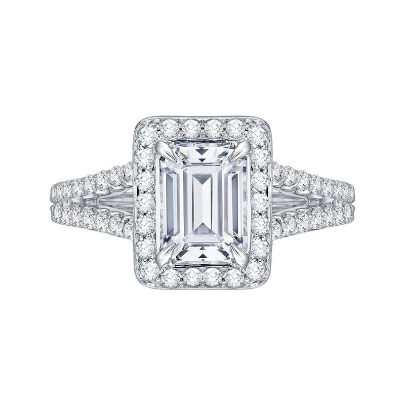 Shah Luxury 14K White Gold Emerald Cut Diamond Halo Engagement Ring with Split Shank (Semi-Mount)