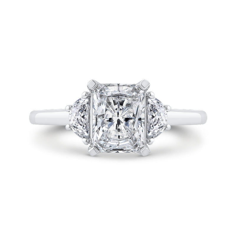 Shah Luxury 14K White Gold Three Stone Engagement Ring Center Radiant with Half-moon sides Diamond