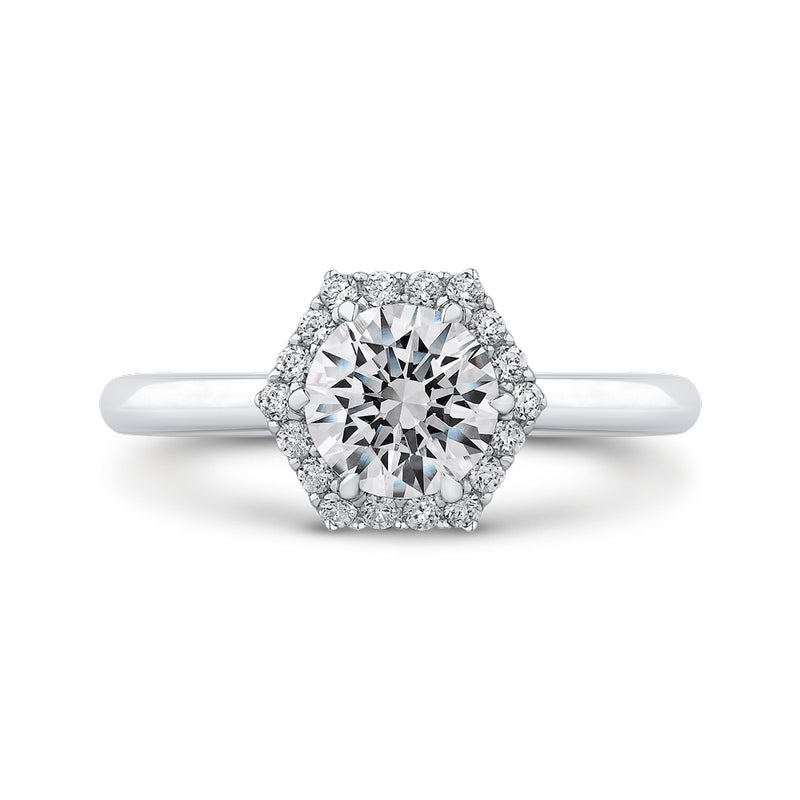 Shah Luxury 14K White Gold Round Diamond Hexagon Shape Halo Engagement Ring (Semi-Mount)