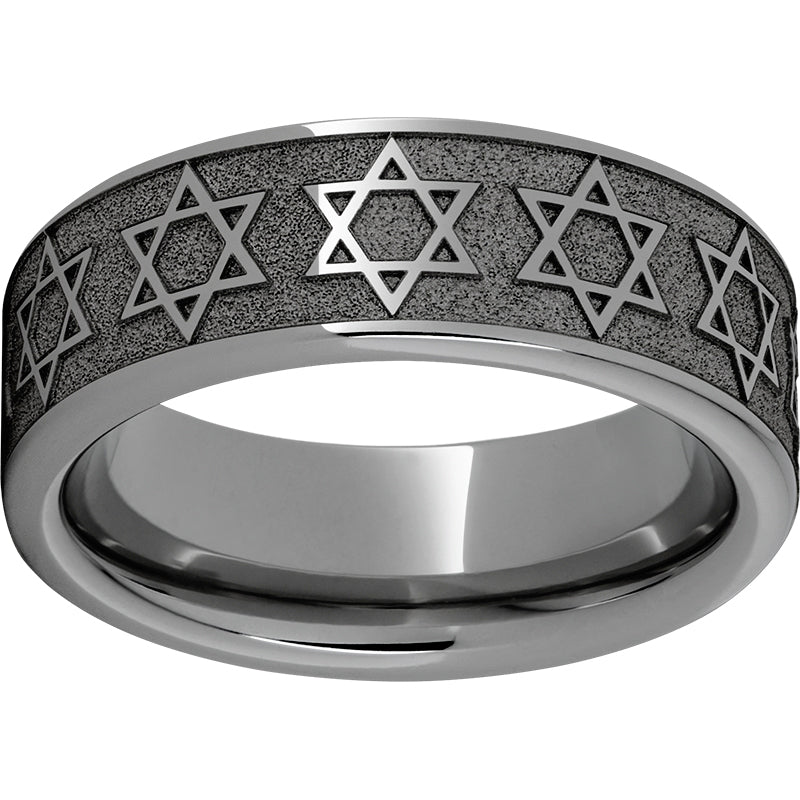Rugged Tungsten Pipe Cut Band with Star of David Laser Engraving
