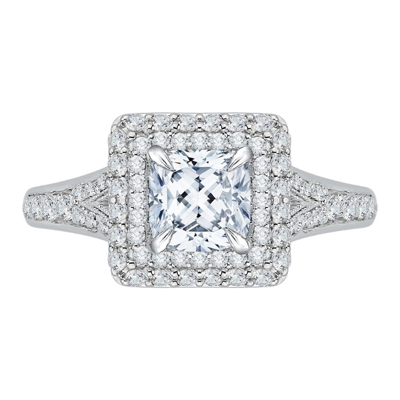 Shah Luxury 14K White Gold Cushion Diamond Double Halo Engagement Ring with Split Shank (Semi-Mount)