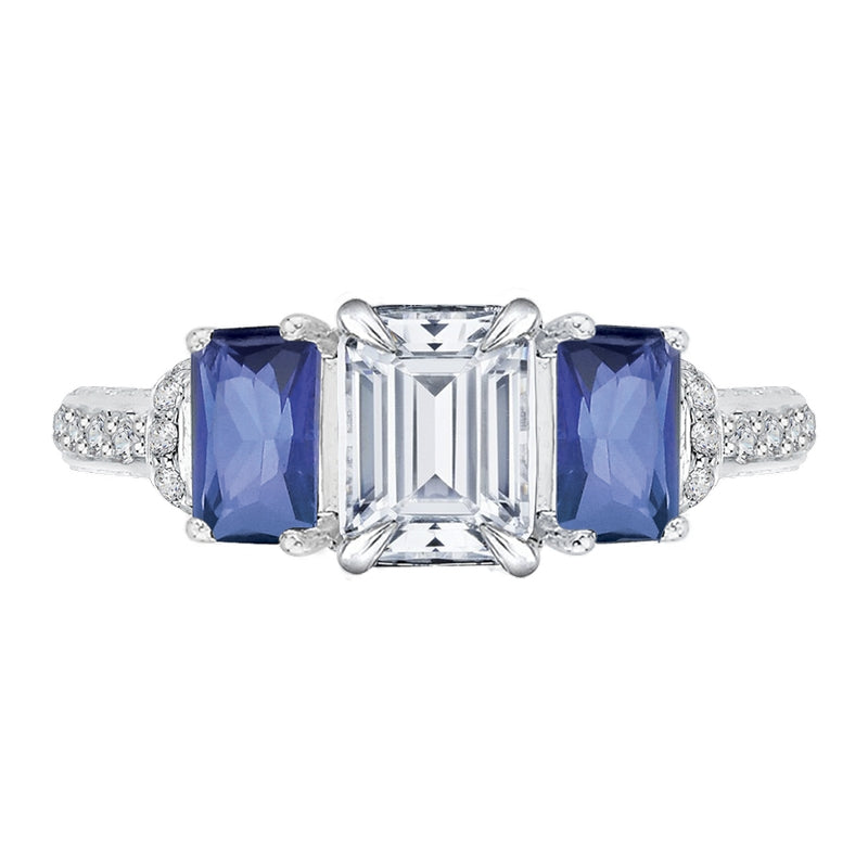 Shah Luxury 14K White Gold Emerald Diamond With Sapphire Three-Stone Engagement Ring (Semi-Mount)