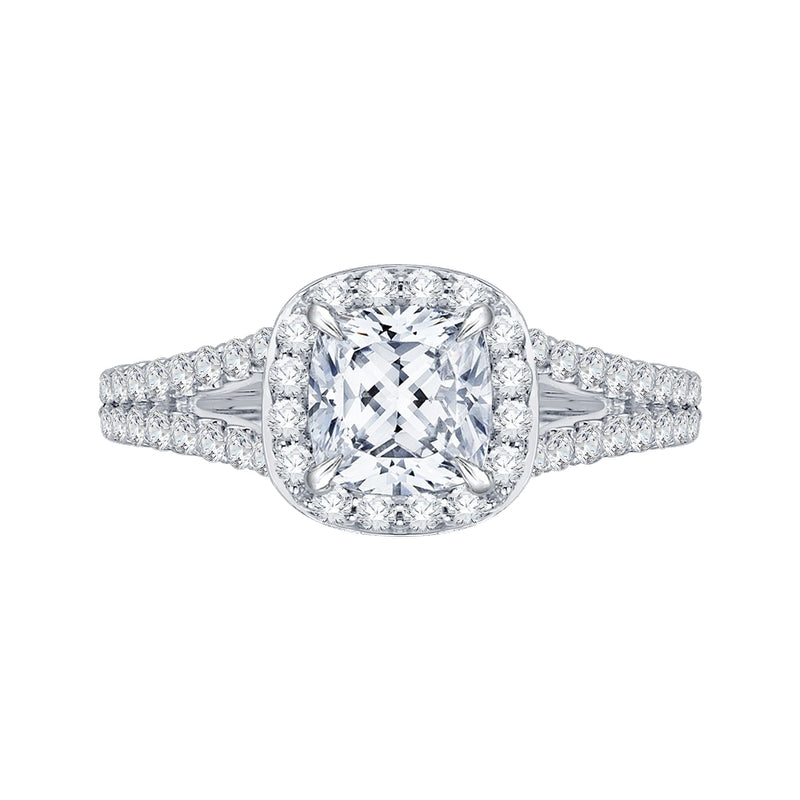 Shah Luxury 14K White Gold Cushion Cut Diamond Halo Engagement Ring with Split Shank (Semi-Mount)