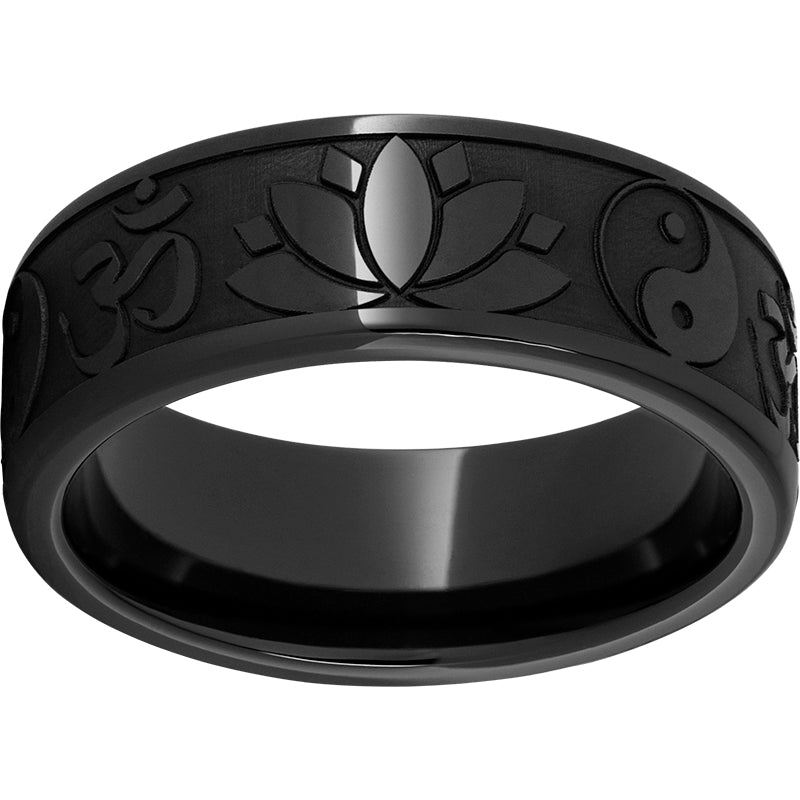 Black Diamond Ceramic Pipe Cut Band with Buddhism Laser Engraving