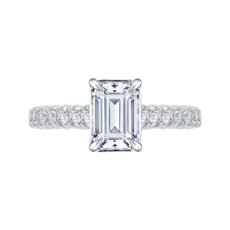 Shah Luxury 14K White Gold Emerald Cut Diamond Cathedral Style Engagement Ring with Euro Shank (Semi-Mount)