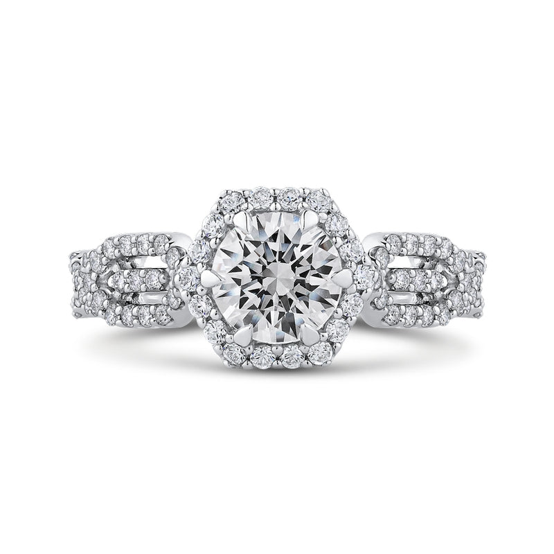Shah Luxury 14K White Gold Round Diamond Hexagon Shape Halo Engagement Ring (Semi-Mount)