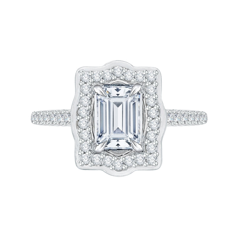 Shah Luxury 14K White Gold Emerald Cut Diamond Halo Vintage Engagement Ring with Euro Shank (Semi-Mount)