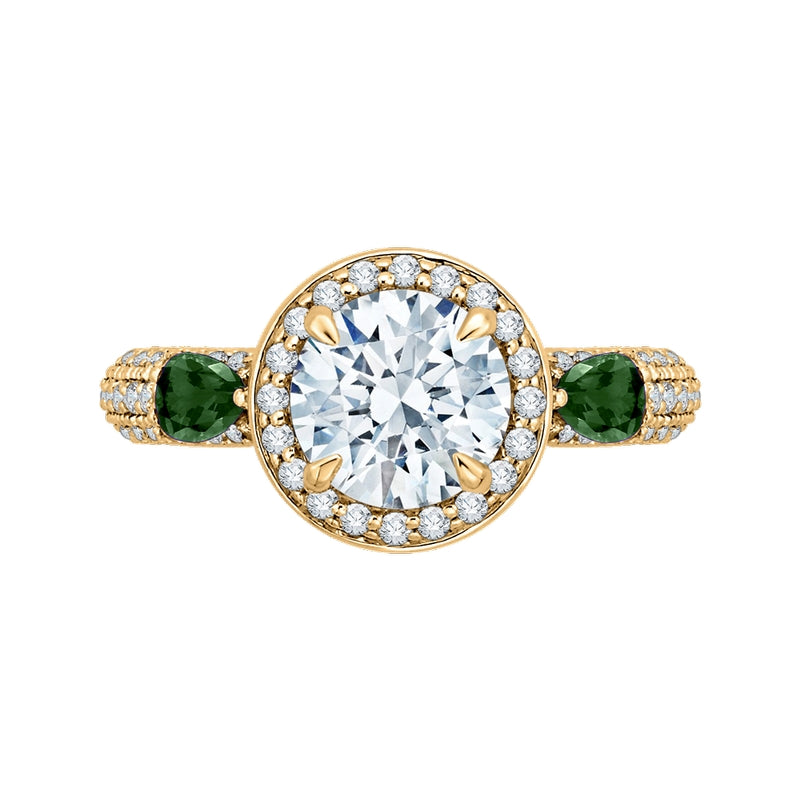 Shah Luxury 14K Yellow Gold Round Diamond and Green Tsavorite Engagement Ring (Semi-Mount)