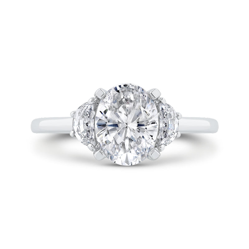 Shah Luxury 14K White Gold Three Stone Engagement Ring Center Oval with Half-moon sides Diamond