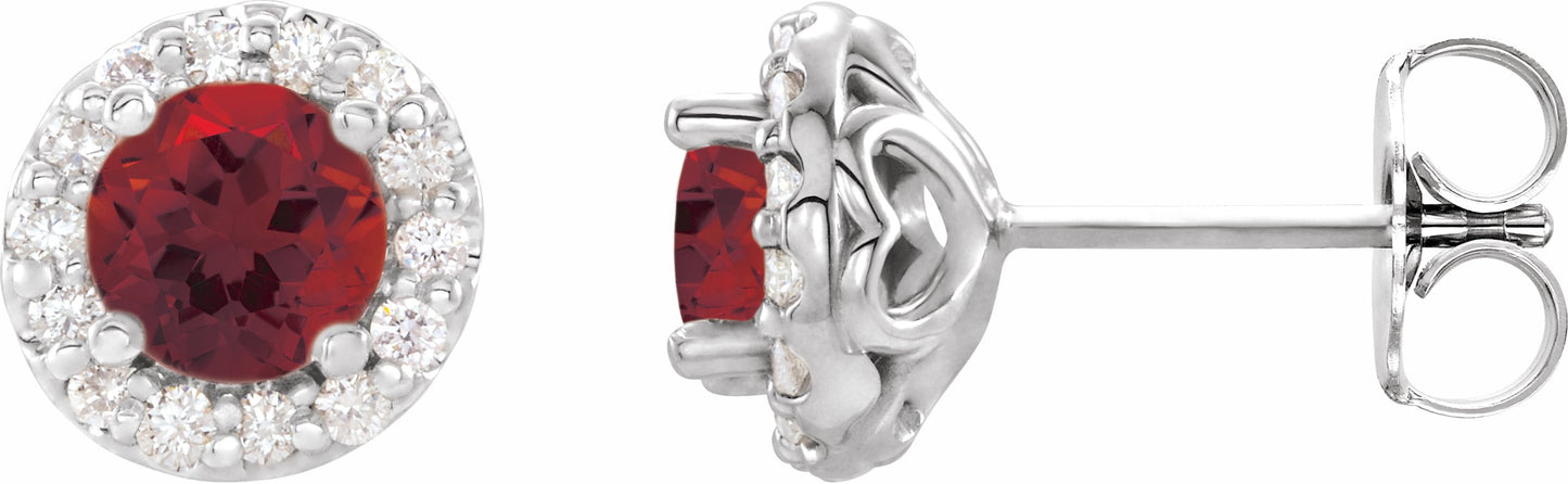 14K White 4 mm Round Mozambique Garnet & 1/8 Diamond Earrings