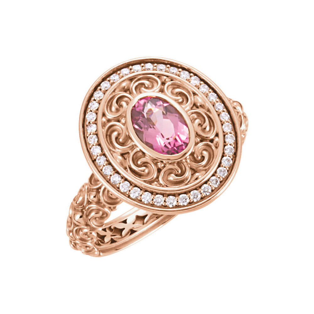 14k Rose Gold Pink Tourmaline and Diamond Fashion Ring