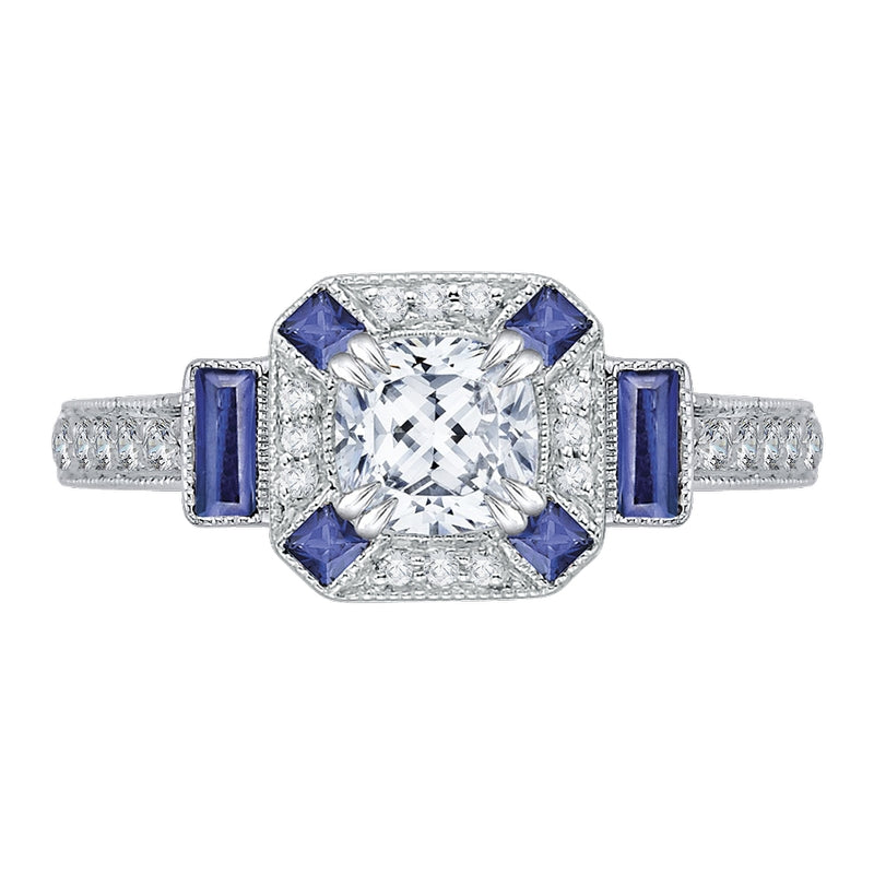 Shah Luxury 14K White Gold Cushion Cut Diamond Halo Engagement Ring with Sapphire (Semi-Mount)