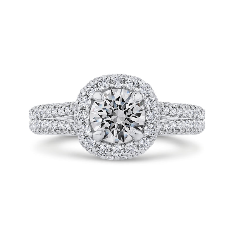 Shah Luxury 14K White Gold Round Diamond Double Halo Engagement Ring with Split Shank (Semi-Mount)