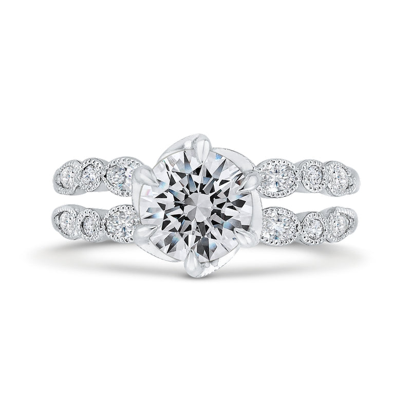 Shah Luxury 14K White Gold Bezel Set Round Diamond Split Shank Engagement Ring with Milgrain (Semi-Mount)