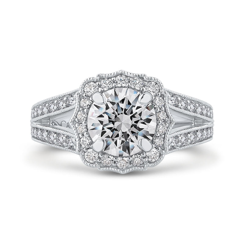 Shah Luxury 14K White Gold Round Cut Diamond Halo Engagement Ring with Split Shank (Semi-Mount)