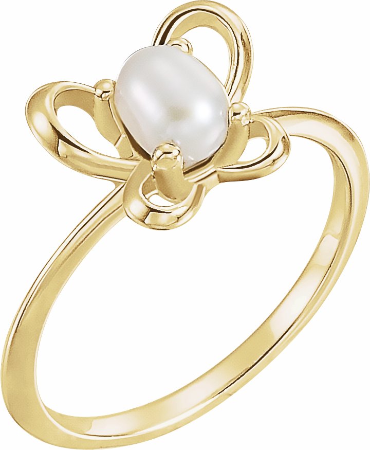 14K Yellow 4x3 mm Pearl June Youth Butterfly Birthstone Ring