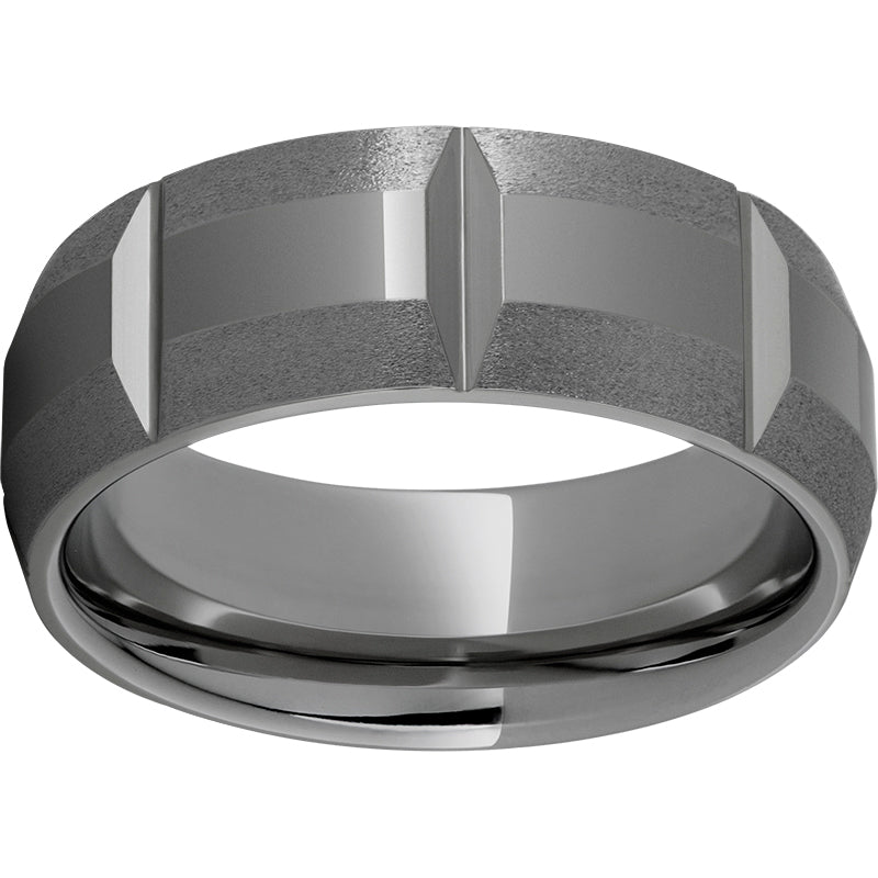 Rugged Tungsten 8mm Domed Bevel Faceted Band with Stone Edges