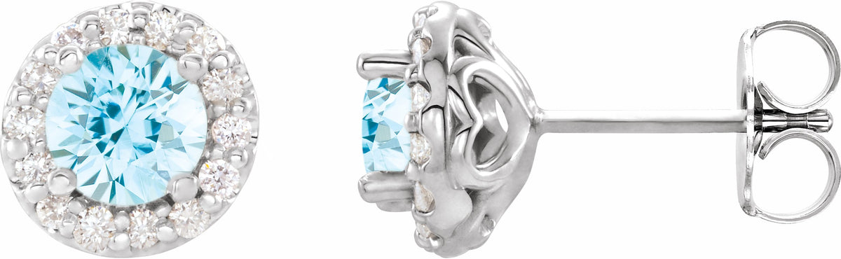 14K White 4 mm Round Aquamarine & 1/8 Diamond Earrings