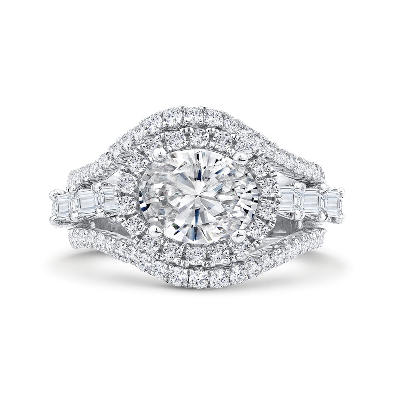 Shah Luxury 14K White Gold Oval Diamond Halo Engagement Ring with Split Shank (With Center)