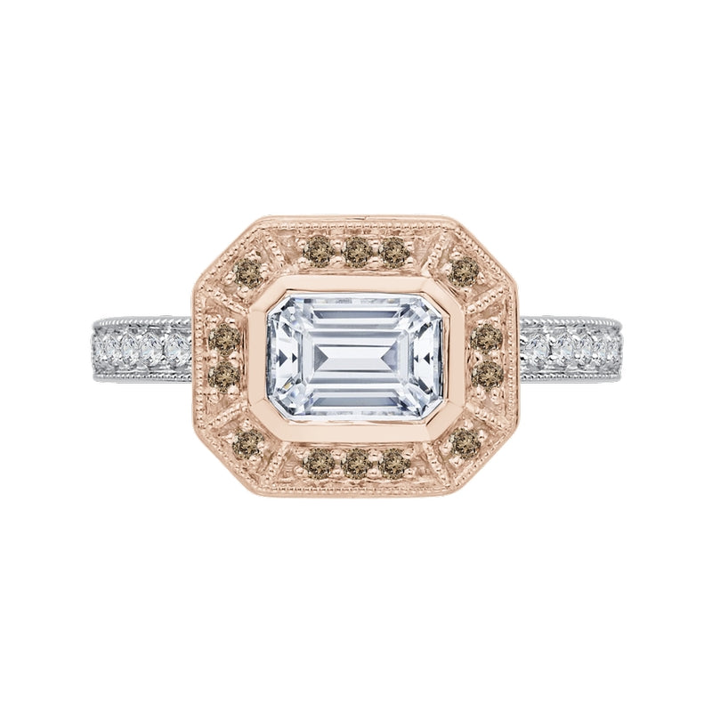 Shah Luxury 14K Two-Tone Gold Brown & White Emerald Diamond Halo Engagement Ring (Semi-Mount)