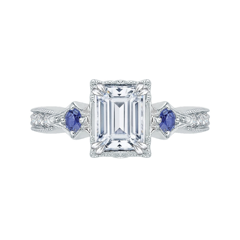 Shah Luxury 14K White Gold Emerald Cut Diamond Engagement Ring with Sapphire (Semi-Mount)