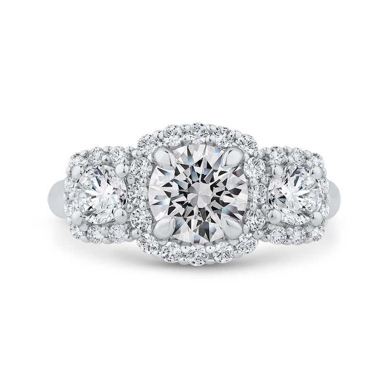 Shah Luxury 14K White Gold Round Cut Diamond Three-Stone Halo Engagement Ring (Semi-Mount)