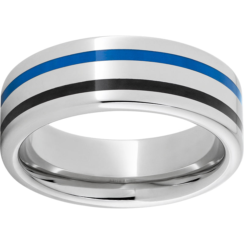 Serinium Pipe Cut Band with Two 1mm Grooves with Black and Blue Enamel