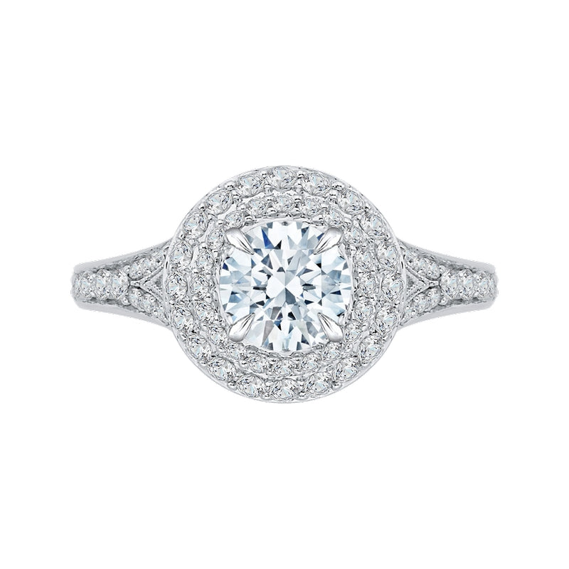 Shah Luxury 14K White Gold Round Diamond Double Halo Engagement Ring with Split Shank (Semi-Mount)