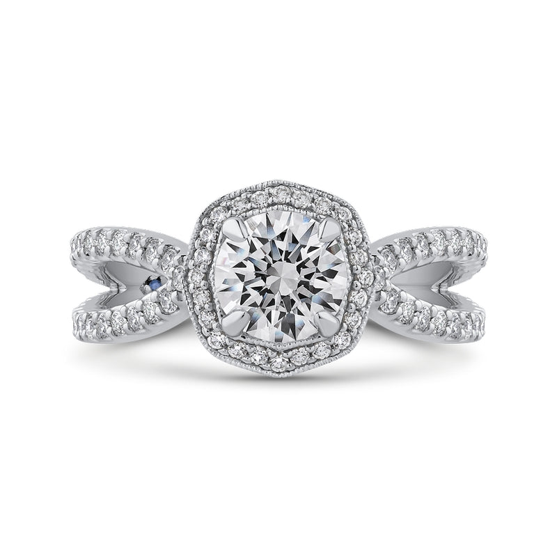 Shah Luxury 14K White Gold Round Diamond Halo Engagement Ring with Split Shank (Semi-Mount)