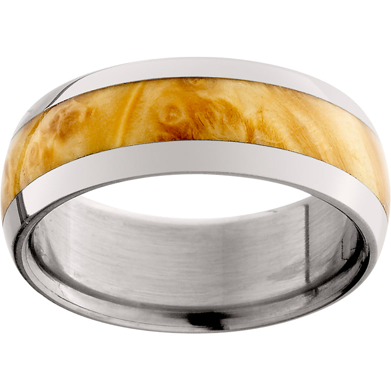 Titanium Domed Band with Exotic Box Elder Burl Inlay