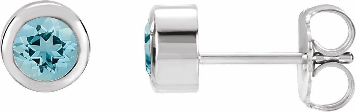 14K White 4 mm Round Genuine Aquamarine Birthstone Earrings