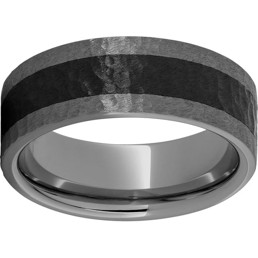 Rugged Tungsten  8mm Pipe Cut Band with Black CeramicInlay and Hammer Finish