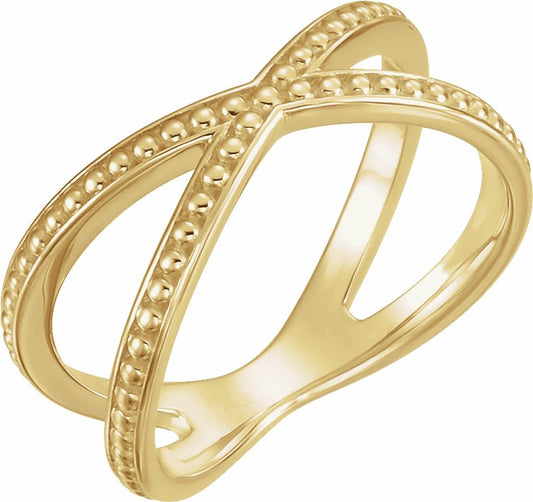 14K Yellow Beaded Criss-Cross Ring