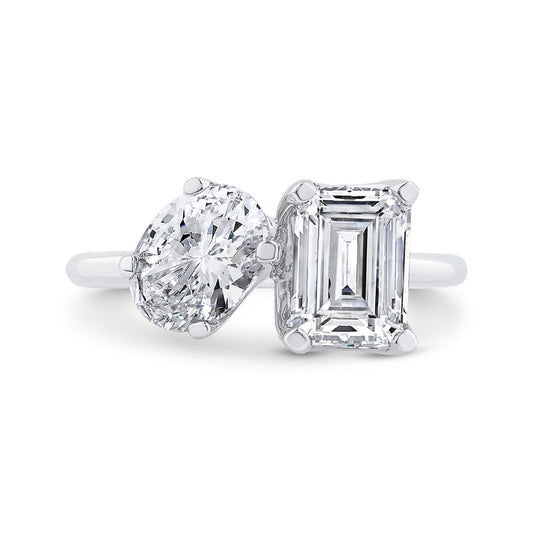 Shah Luxury 14K White Gold Two Stone Engagement Ring Center with Oval & Emerald Diamond
