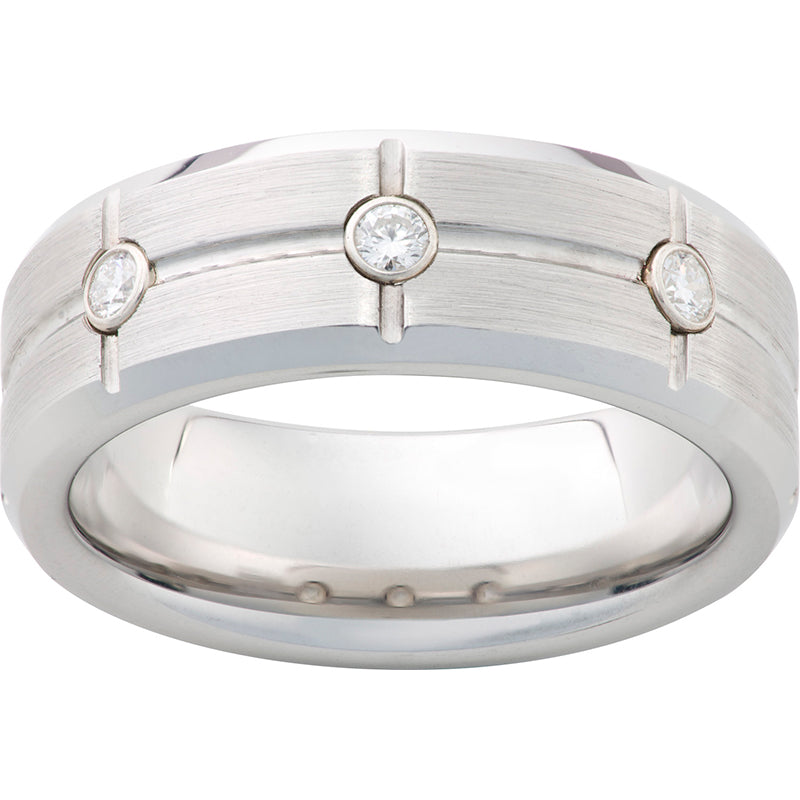 Serinium Beveled Edge Band with Three .06 Round Brilliant Diamonds, Rectangular Grooves and Satin Finish