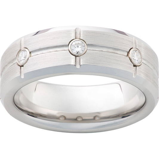 Serinium Beveled Edge Band with Three .06 Round Brilliant Diamonds, Rectangular Grooves and Satin Finish