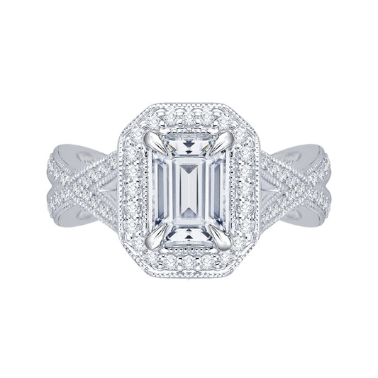 Shah Luxury 14K White Gold Emerald Cut Diamond Halo Engagement Ring with Split Shank (Semi-Mount)