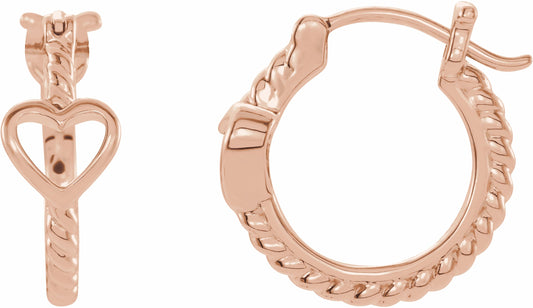 14K Rose Pierced Heart Rope Hoop Earrings