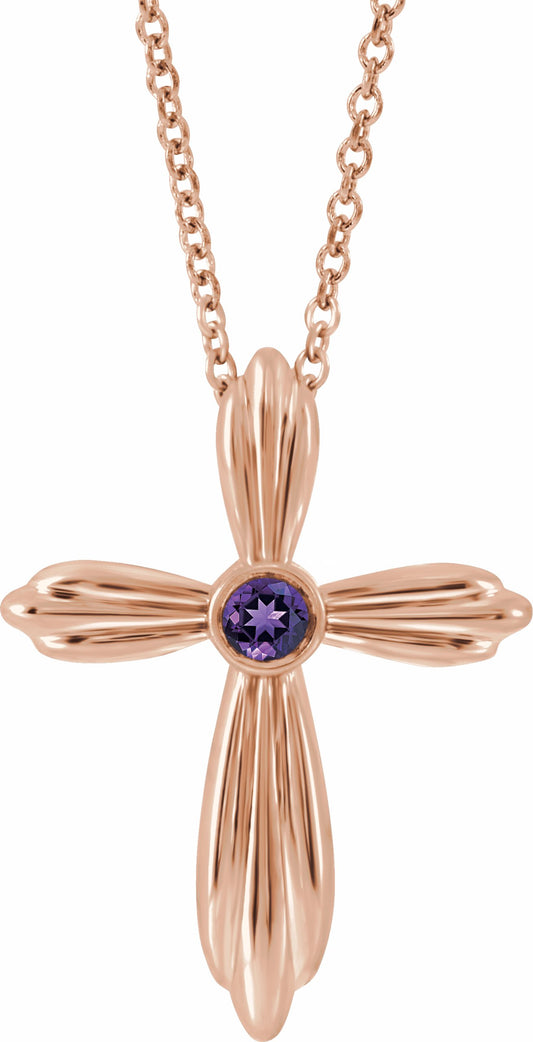 14K Rose Amethyst Cross 16-18 Necklace