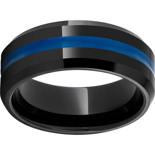 Black Diamond Ceramic Beveled Edge Band with Thin Blue Line Inlay