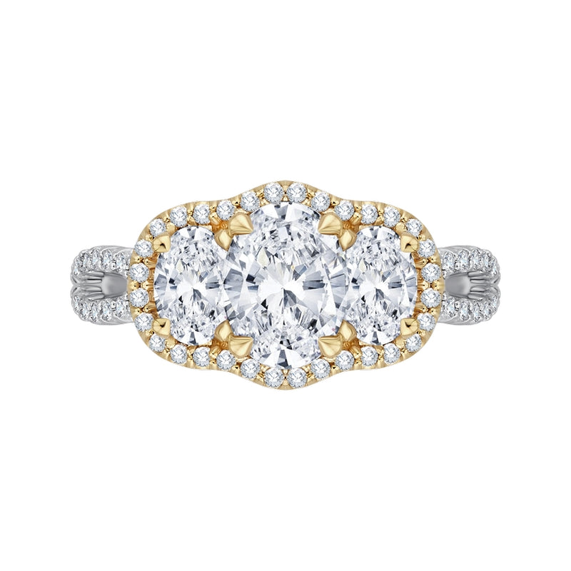 Shah Luxury 14K Two-Tone Gold Oval Cut Diamond Three-Stone Halo Engagement Ring (Semi-Mount)
