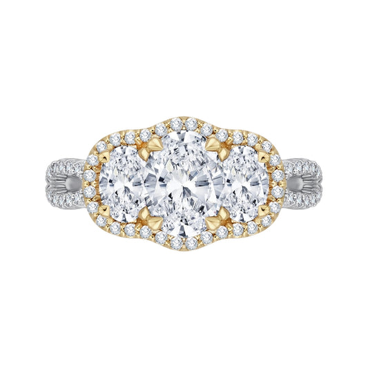Shah Luxury 14K Two-Tone Gold Oval Cut Diamond Three-Stone Halo Engagement Ring (Semi-Mount)