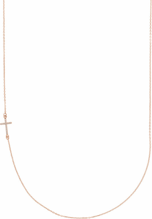 14K Rose .04 CTW Diamond Off-Center Sideways Cross 16 Necklace