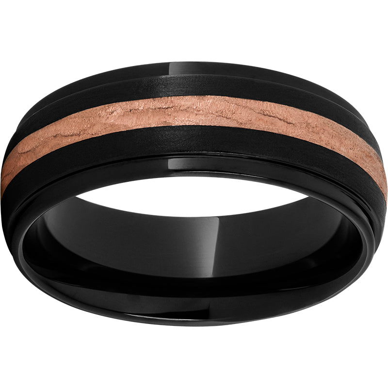 Black Diamond Ceramic Domed Grooved Edge Band with a 2mm 14K Rose Gold Bark Finish Inlay and Stone Finish