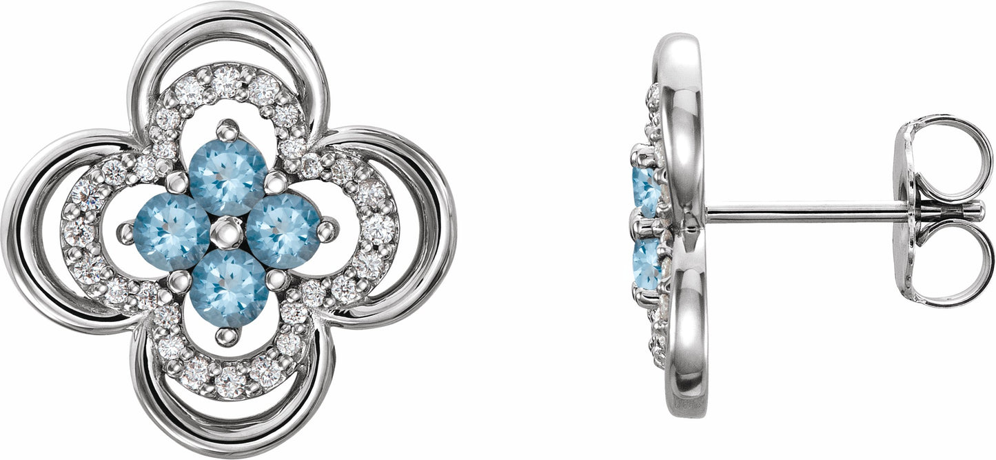 14K White Aquamarine & 1/5 CTW Diamond Clover Earrings