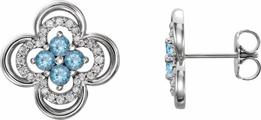 14K White Aquamarine & 1/5 CTW Diamond Clover Earrings