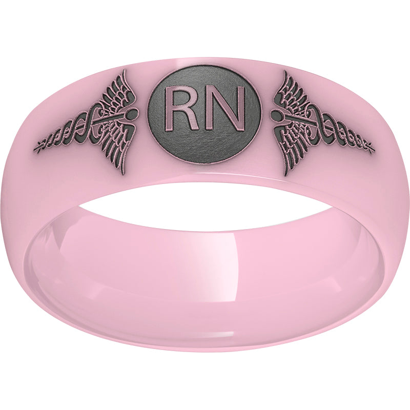 Pink Diamond Ceramic Domed Band with Laser Engraving of Caduceus & Registered Nurse Initials