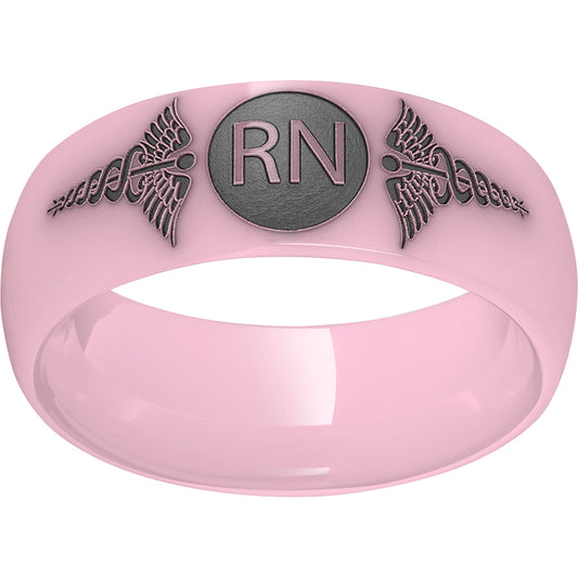 Pink Diamond Ceramic Domed Band with Laser Engraving of Caduceus & Registered Nurse Initials